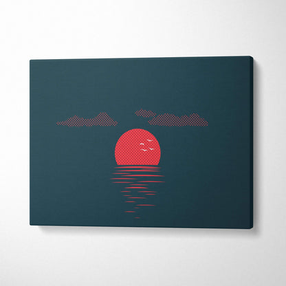 Minimalist teal canvas print of red dotted sun, birds, clouds over ocean
