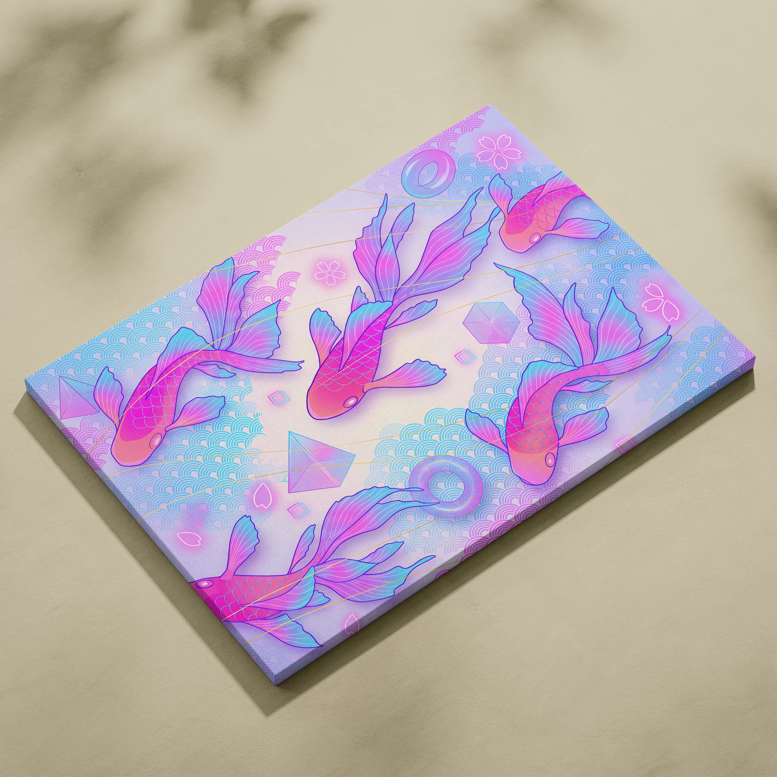 Pastel Neon Koi Wave Art - Koi Fish Vaporwave Japan Artwork Pastel Pink Blue For Living Room Decor Mood Dreamy Canvas