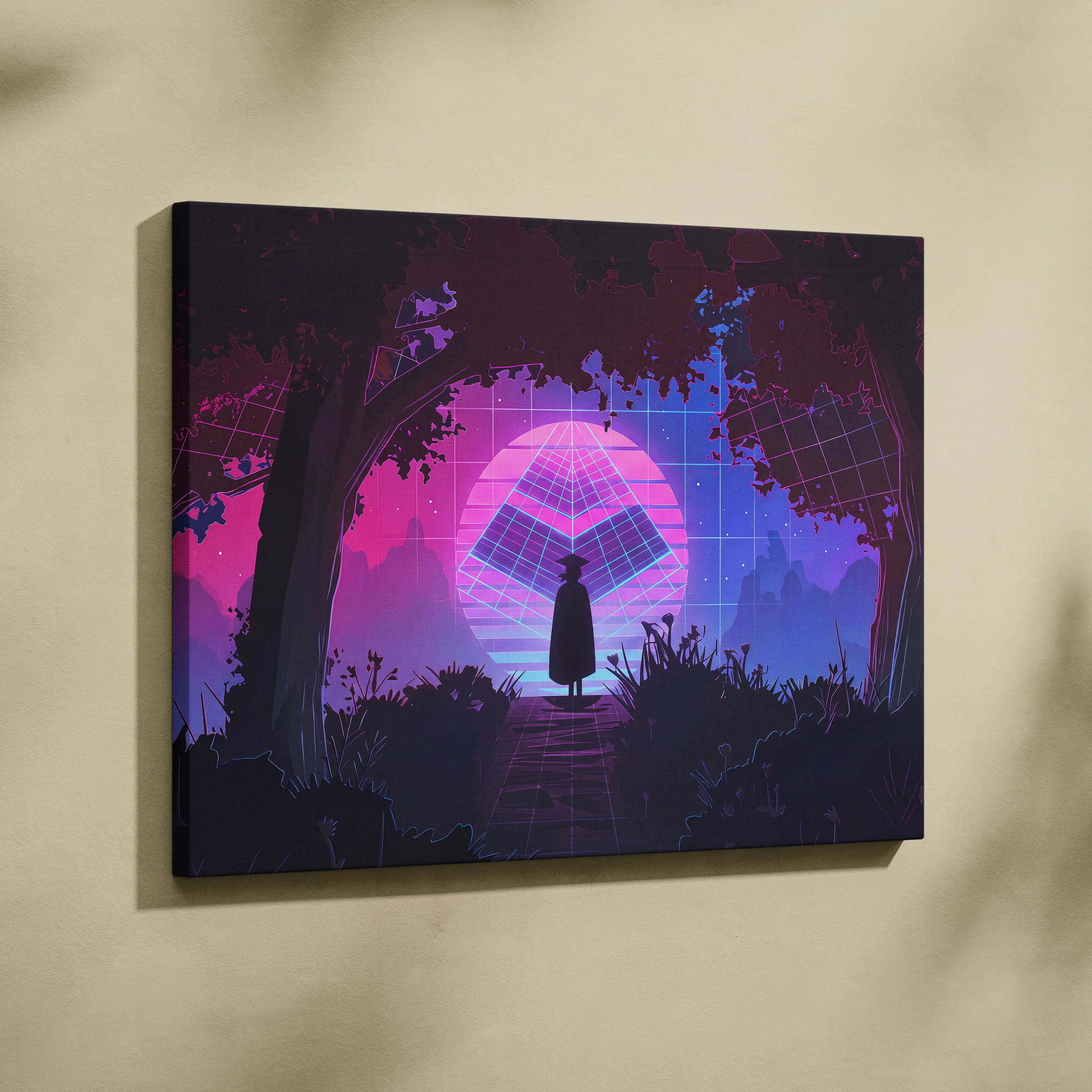 Vaporwave Neon Horizon Art - Sunset City Neon Purple Pink Blue Living Room Wall Art Dreamy Vaporwave Decor Canvas