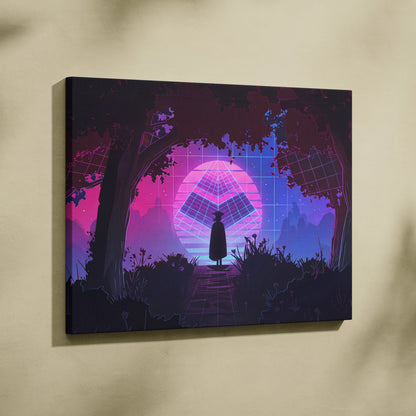 Vaporwave Neon Horizon Art - Sunset City Neon Purple Pink Blue Living Room Wall Art Dreamy Vaporwave Decor Canvas