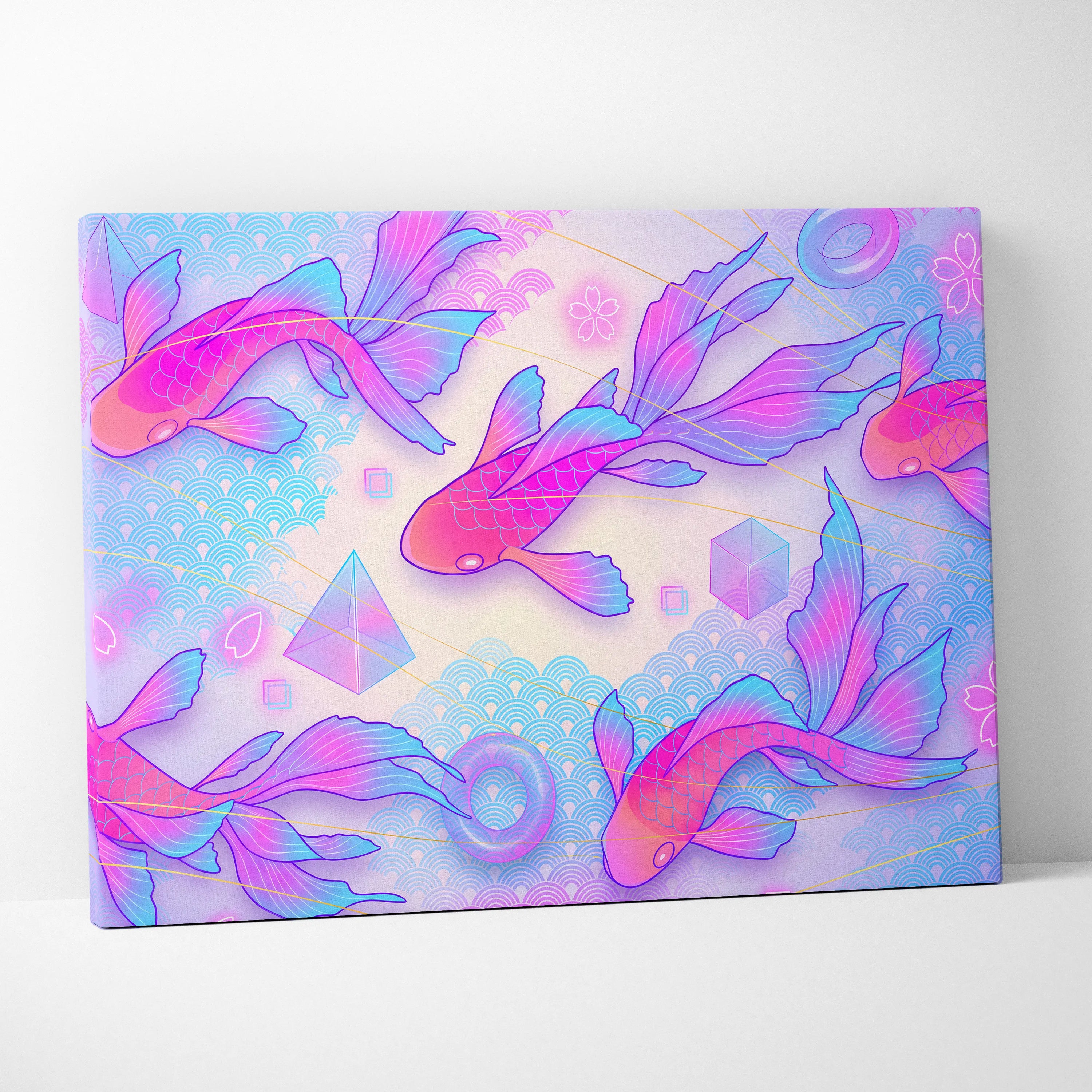 Pastel Neon Koi Wave Art - Koi Fish Vaporwave Japan Artwork Pastel Pink Blue For Living Room Decor Mood Dreamy Canvas