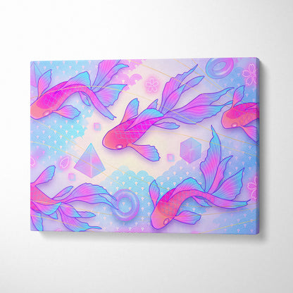 Pastel Neon Koi Wave Art - Koi Fish Vaporwave Japan Artwork Pastel Pink Blue For Living Room Decor Mood Dreamy Canvas