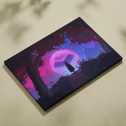 Vaporwave Neon Horizon Art - Sunset City Neon Purple Pink Blue Living Room Wall Art Dreamy Vaporwave Decor Canvas
