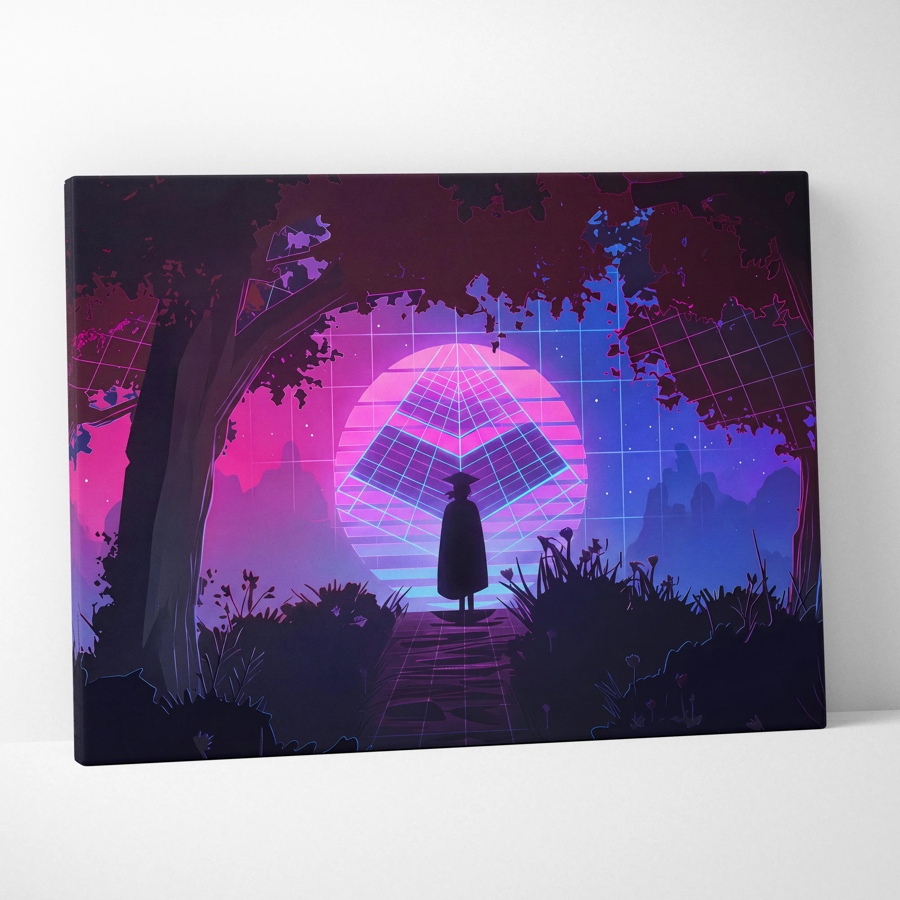 Vaporwave Neon Horizon Art - Sunset City Neon Purple Pink Blue Living Room Wall Art Dreamy Vaporwave Decor Canvas