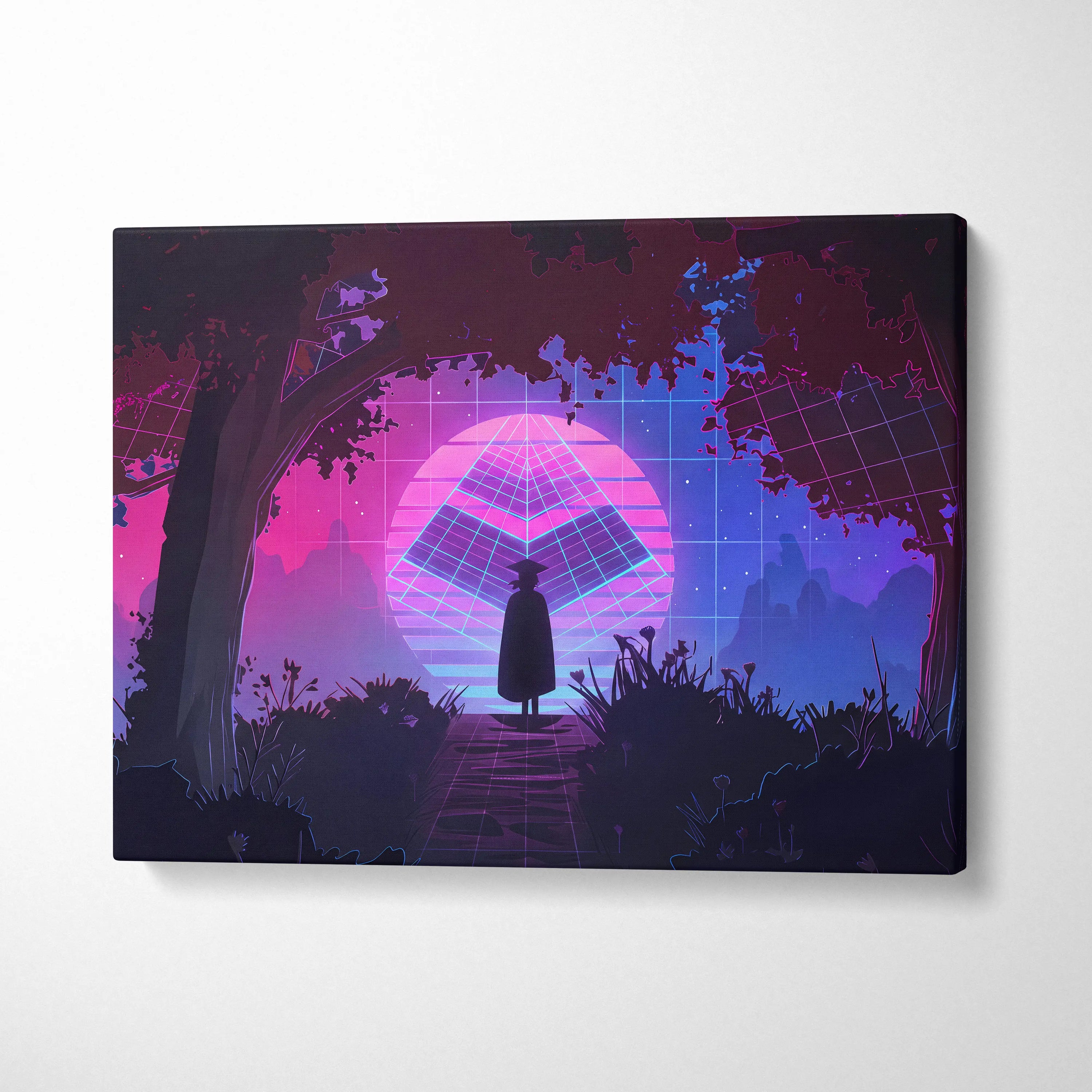 Vaporwave Neon Horizon Art - Sunset City Neon Purple Pink Blue Living Room Wall Art Dreamy Vaporwave Decor Canvas