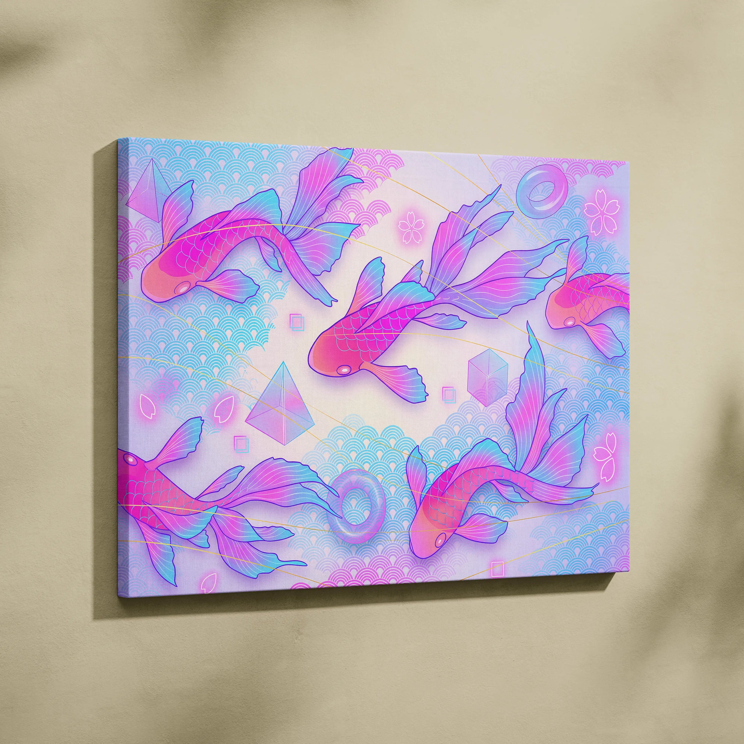 Pastel Neon Koi Wave Art - Koi Fish Vaporwave Japan Artwork Pastel Pink Blue For Living Room Decor Mood Dreamy Canvas