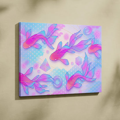 Pastel Neon Koi Wave Art - Koi Fish Vaporwave Japan Artwork Pastel Pink Blue For Living Room Decor Mood Dreamy Canvas