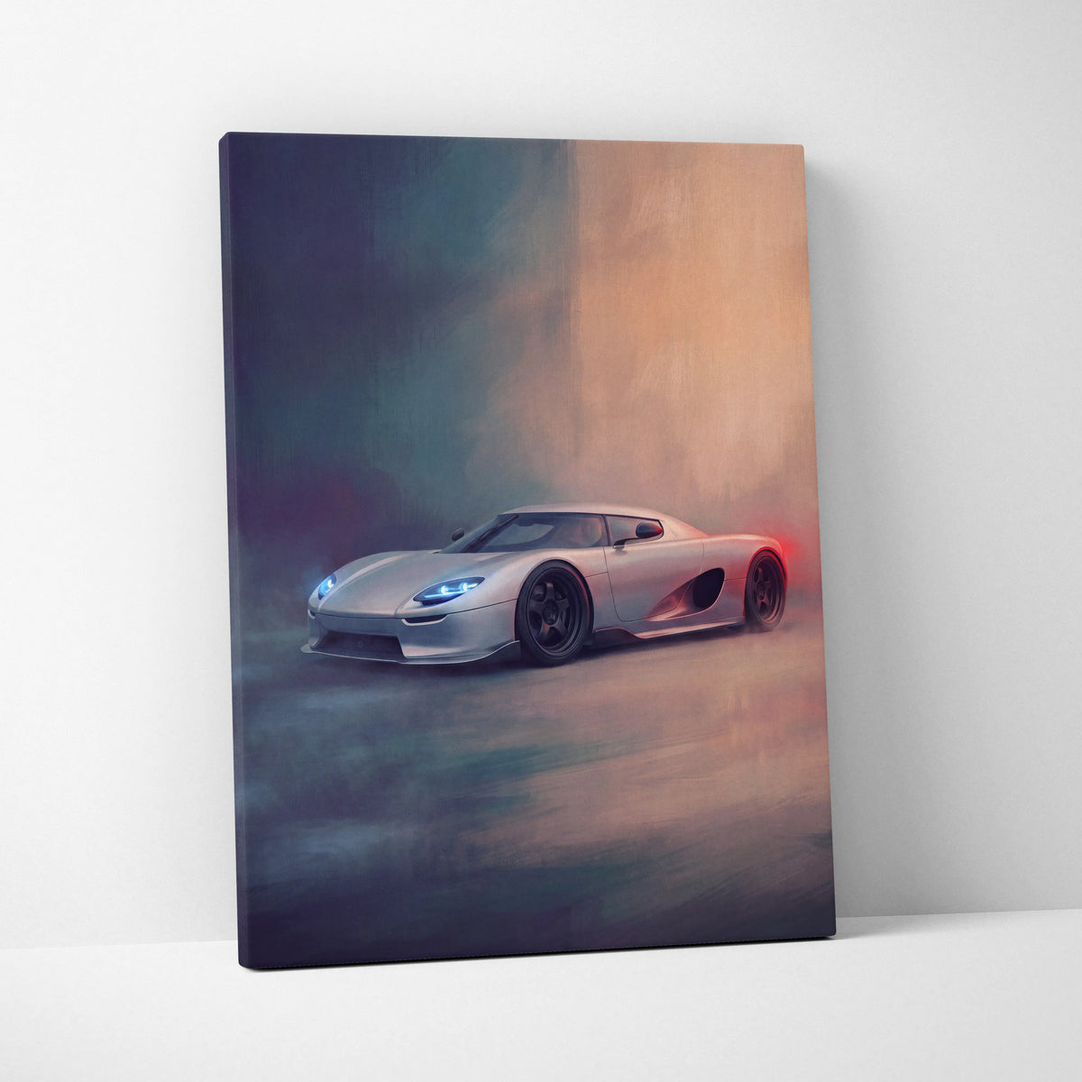 Silver koenigsegg cc850 inspired hypercar canvas art with dynamic smoky design custom car wall art print