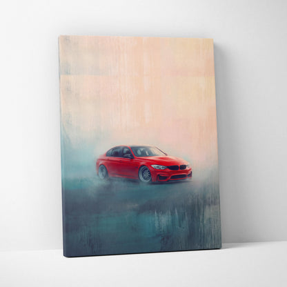 Red bmw m3 sedan in a misty abstract painting on canvas luxury sports car wall decor print