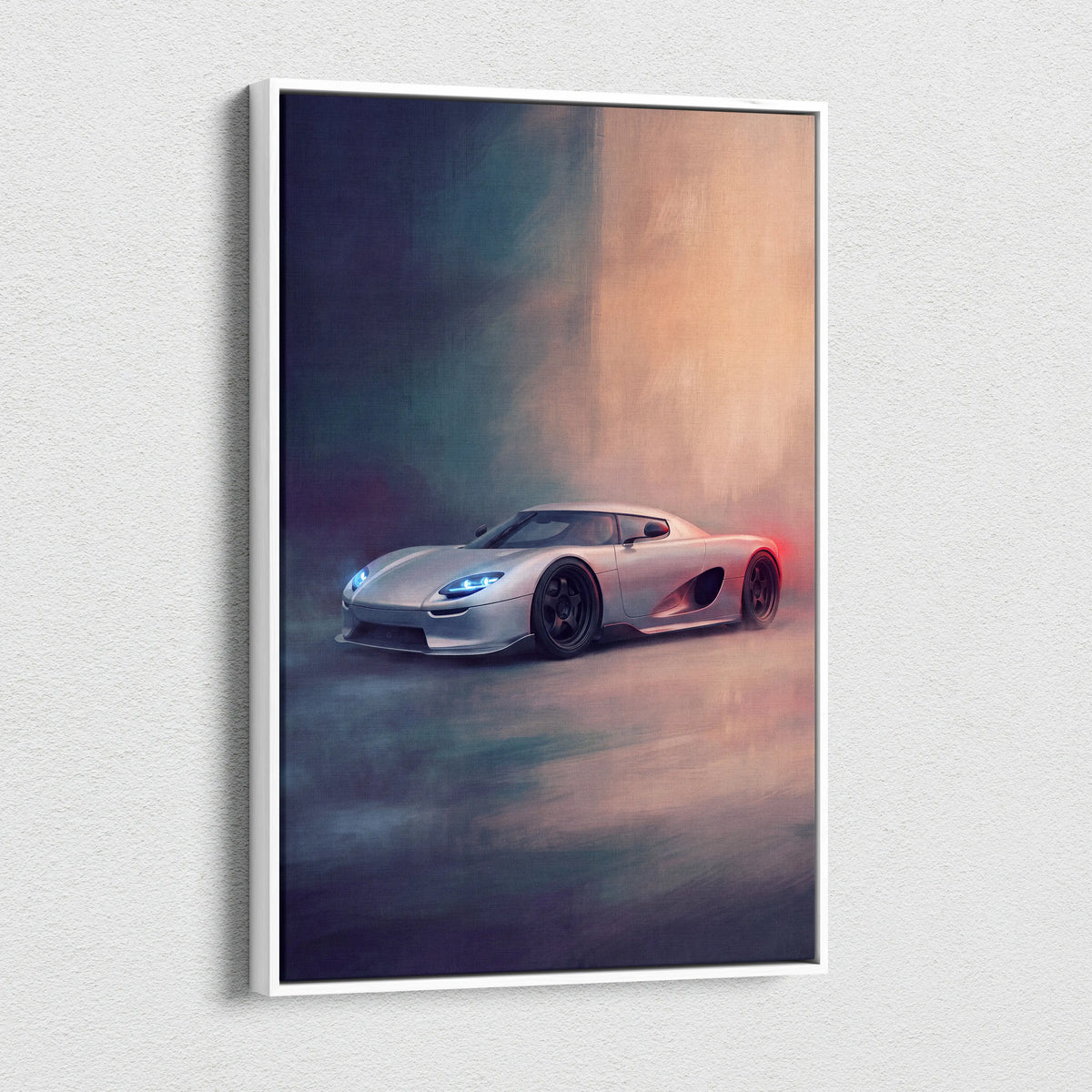 Koenigsegg cc850 inspired supercar canvas art featuring a silver hypercar with blue headlights and red taillights on smoky background