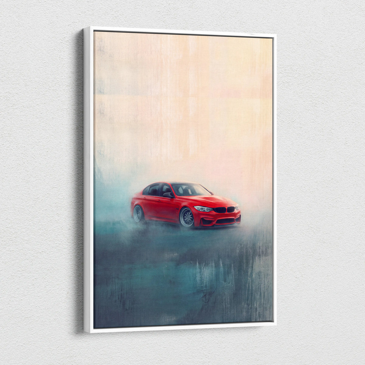 Red bmw sedan in misty abstract art print framed in white luxury sports car canvas wall decor