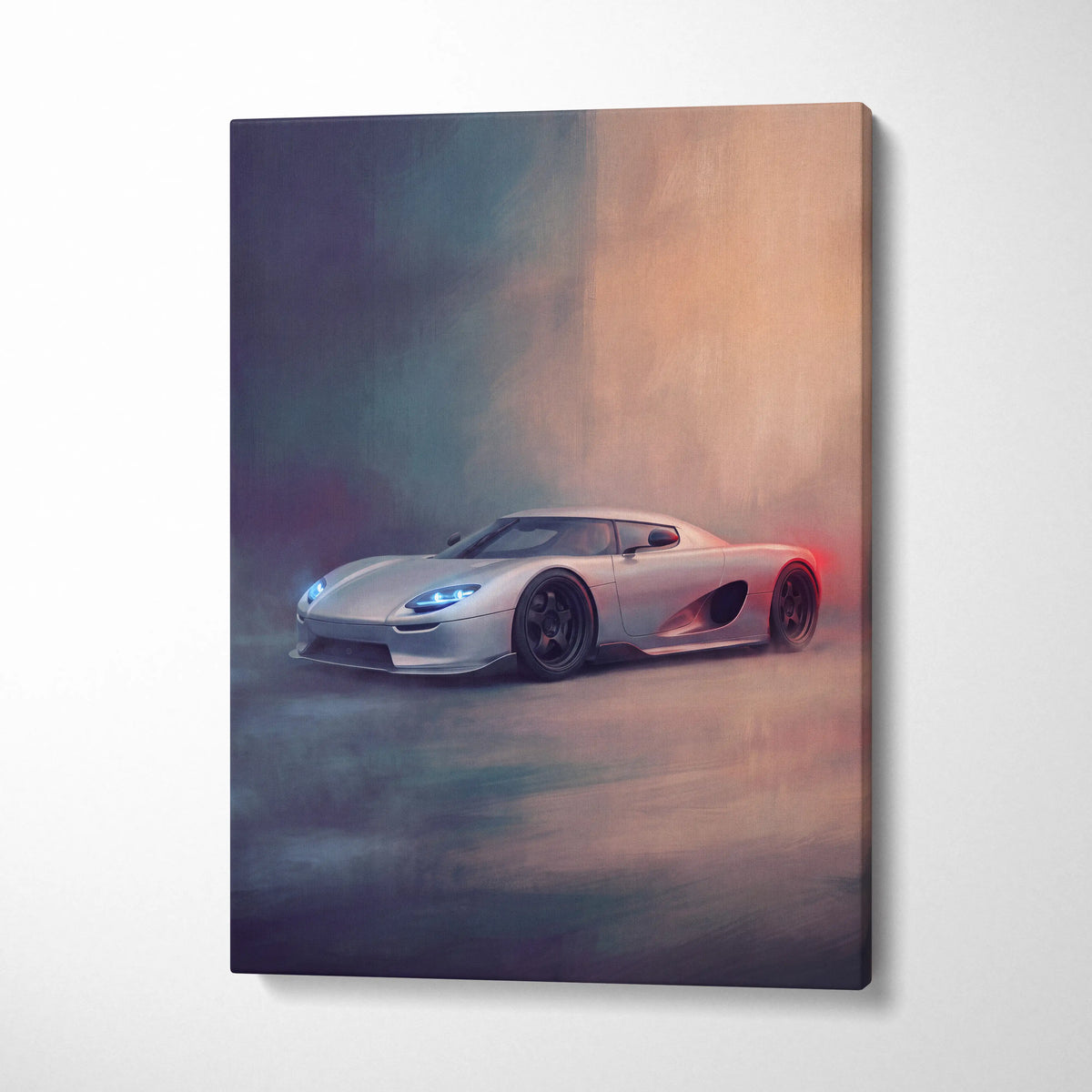 Koenigsegg CC850 inspired silver hypercar canvas art with glowing blue headlights and red taillight accents wall print