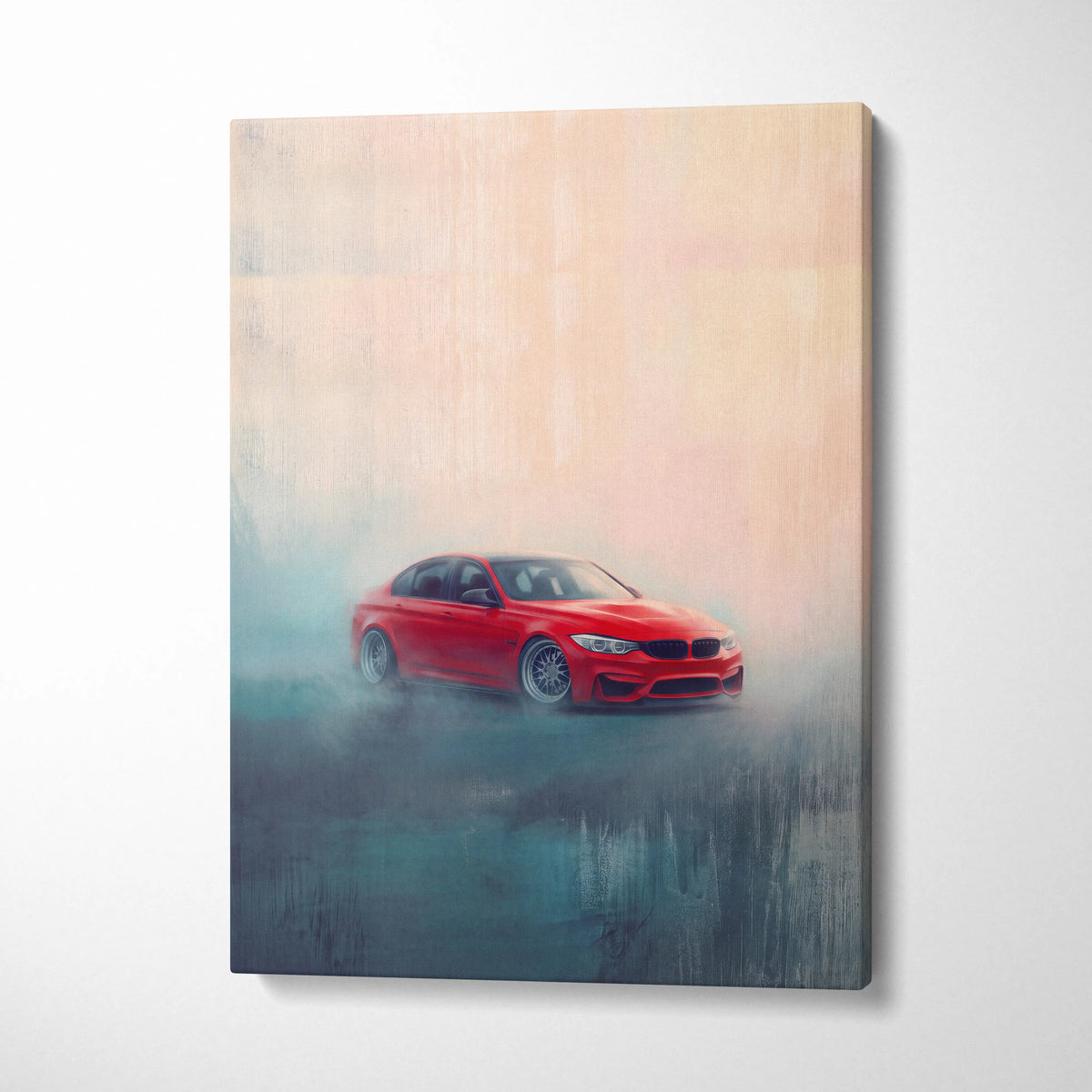 Red bmw m3 sedan in a misty painterly style on canvas luxury sports car wall decor print