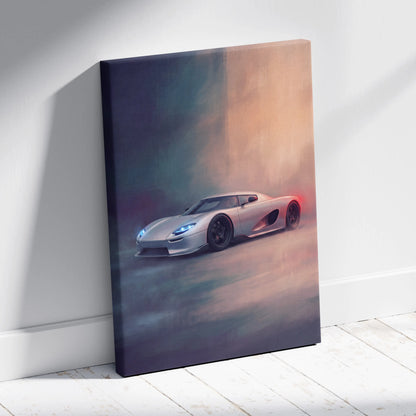 Silver koenigsegg cc850 inspired supercar canvas art print with glowing blue headlights and red taillights on smoky background
