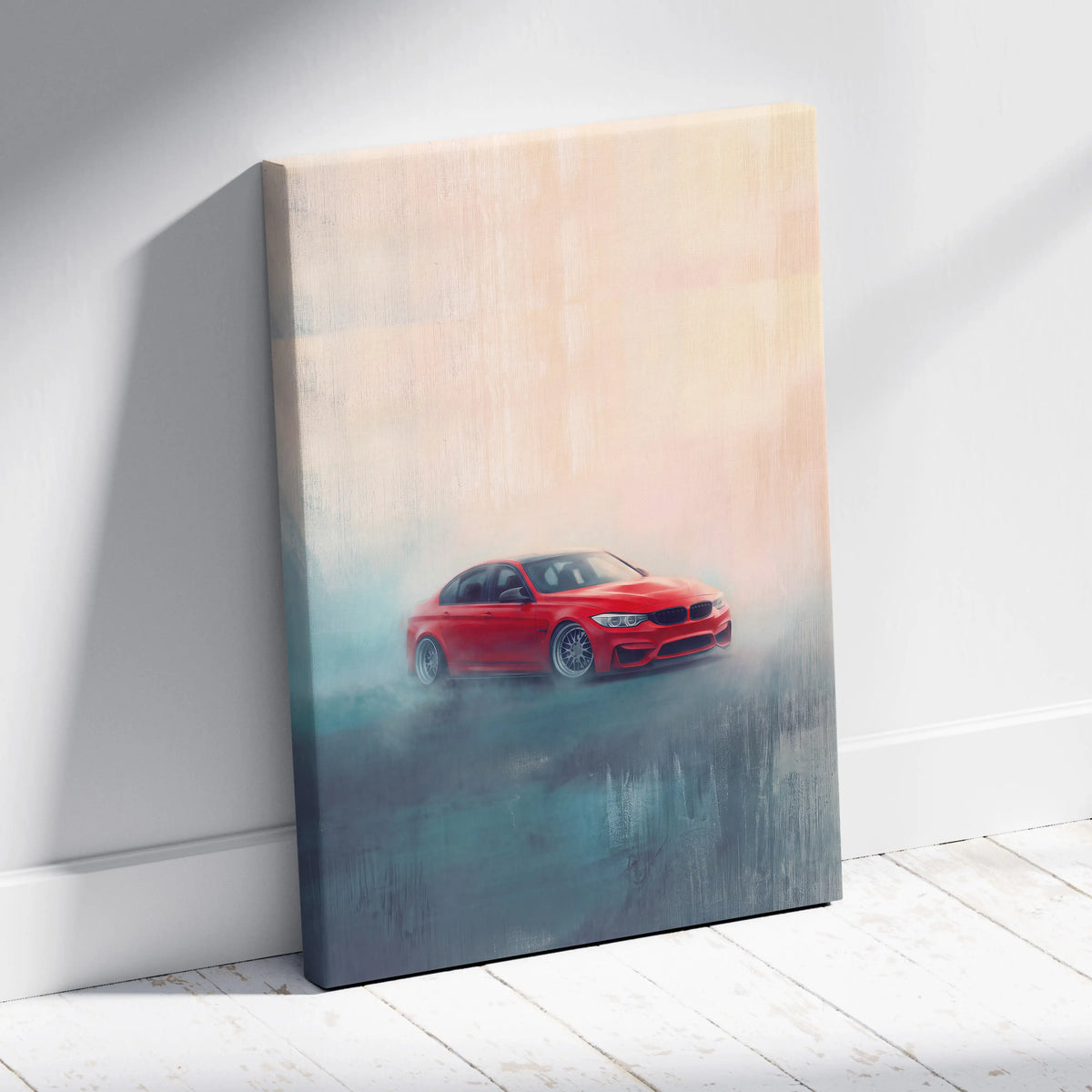 Red bmw sedan in misty painterly style printed on stretched canvas for luxury sports car wall decor print