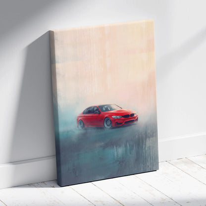 Red bmw sedan in misty painterly style printed on stretched canvas for luxury sports car wall decor print