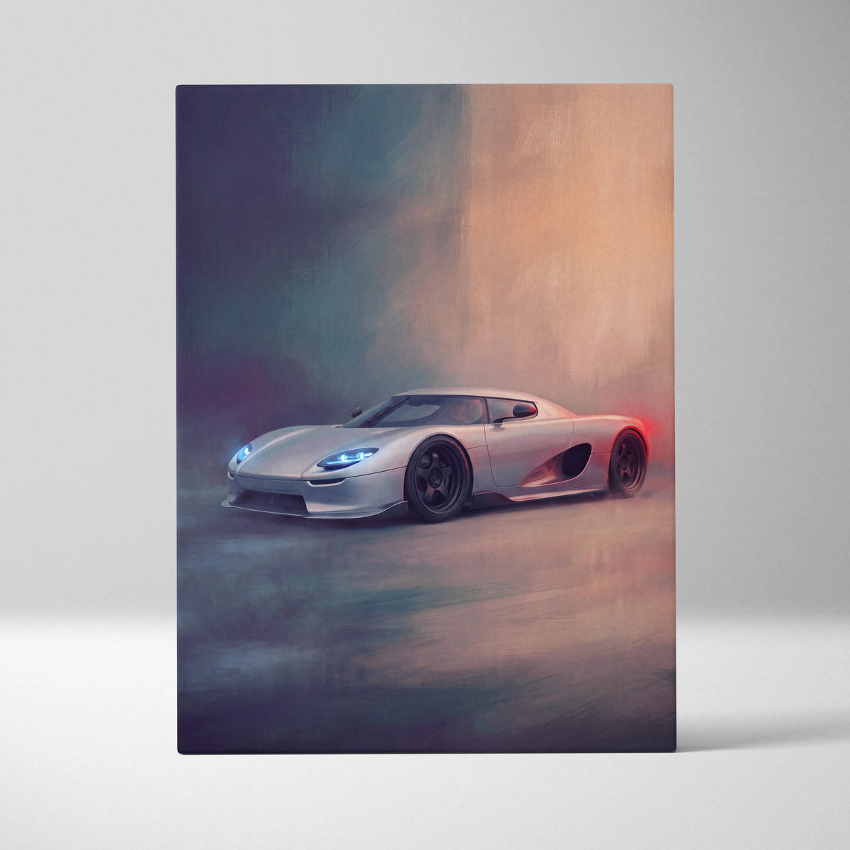 Silver Koenigsegg Agera RS sports car with glowing blue headlights and red taillights in stylized canvas wall art print