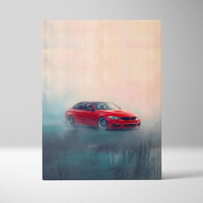 Vibrant red bmw m3 sedan in a dynamic smoky artistic rendering on luxury sports car canvas wall decor print