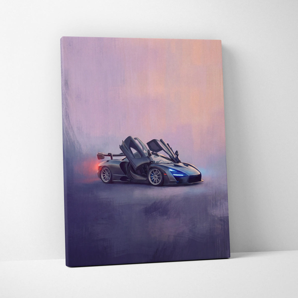 Premium McLaren 720S inspired canvas art featuring a sleek dark gray Senna sports car with glowing blue headlights