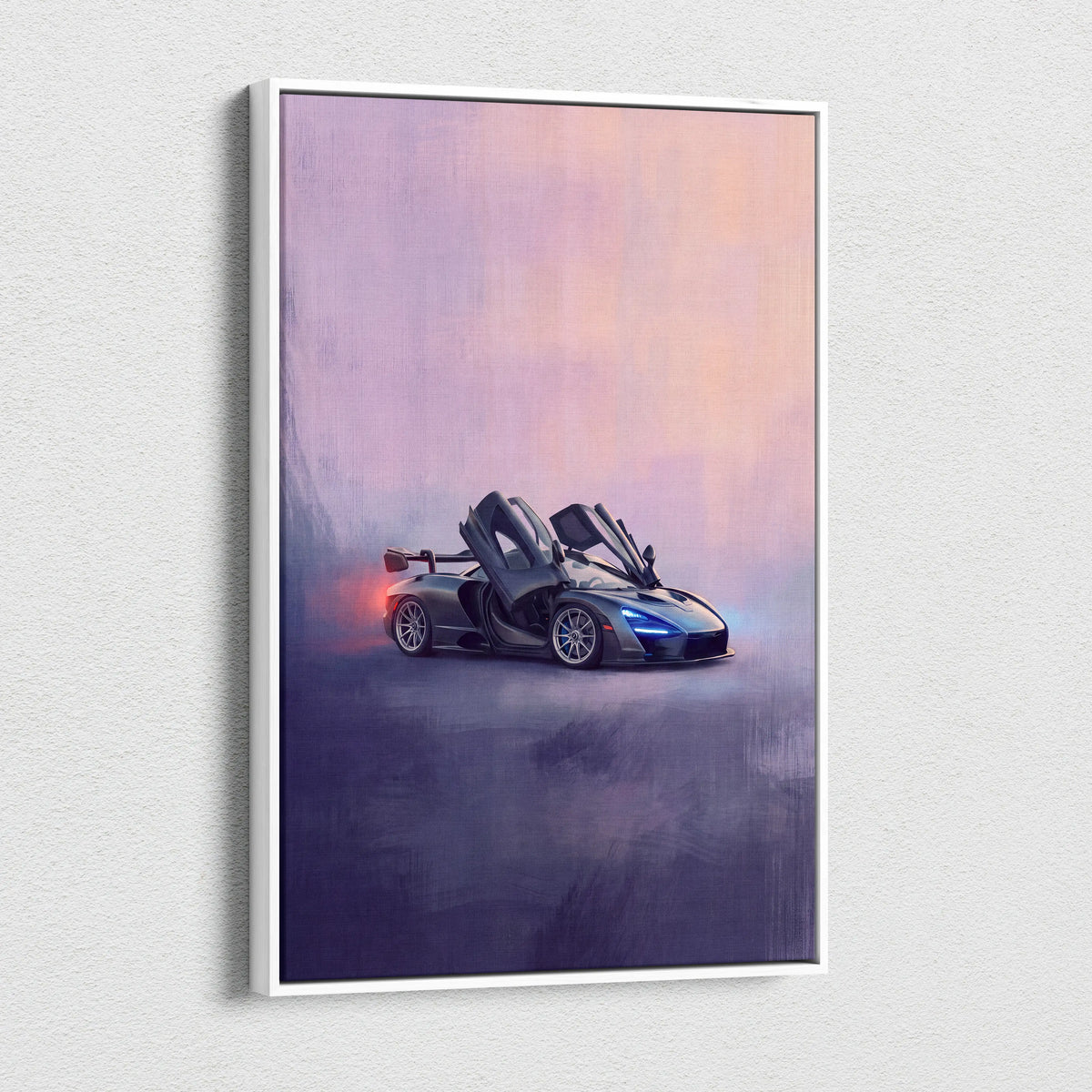 A sleek dark gray McLaren 720S canvas art with open doors and blue headlights for premium wall decor