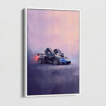 A sleek dark gray McLaren 720S canvas art with open doors and blue headlights for premium wall decor
