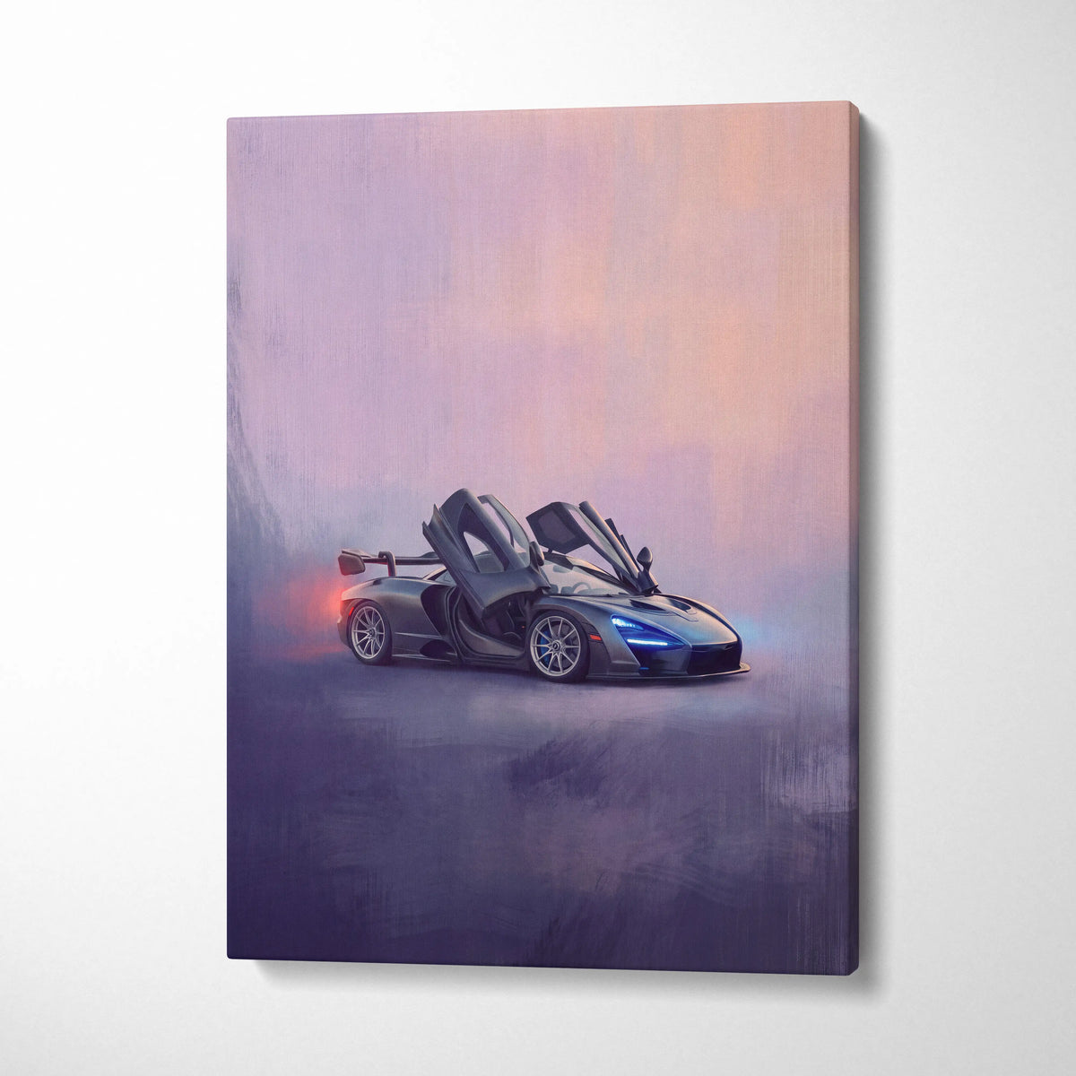 A sleek matte black mclaren speedtail with blue headlights on a premium automotive canvas art wall decor