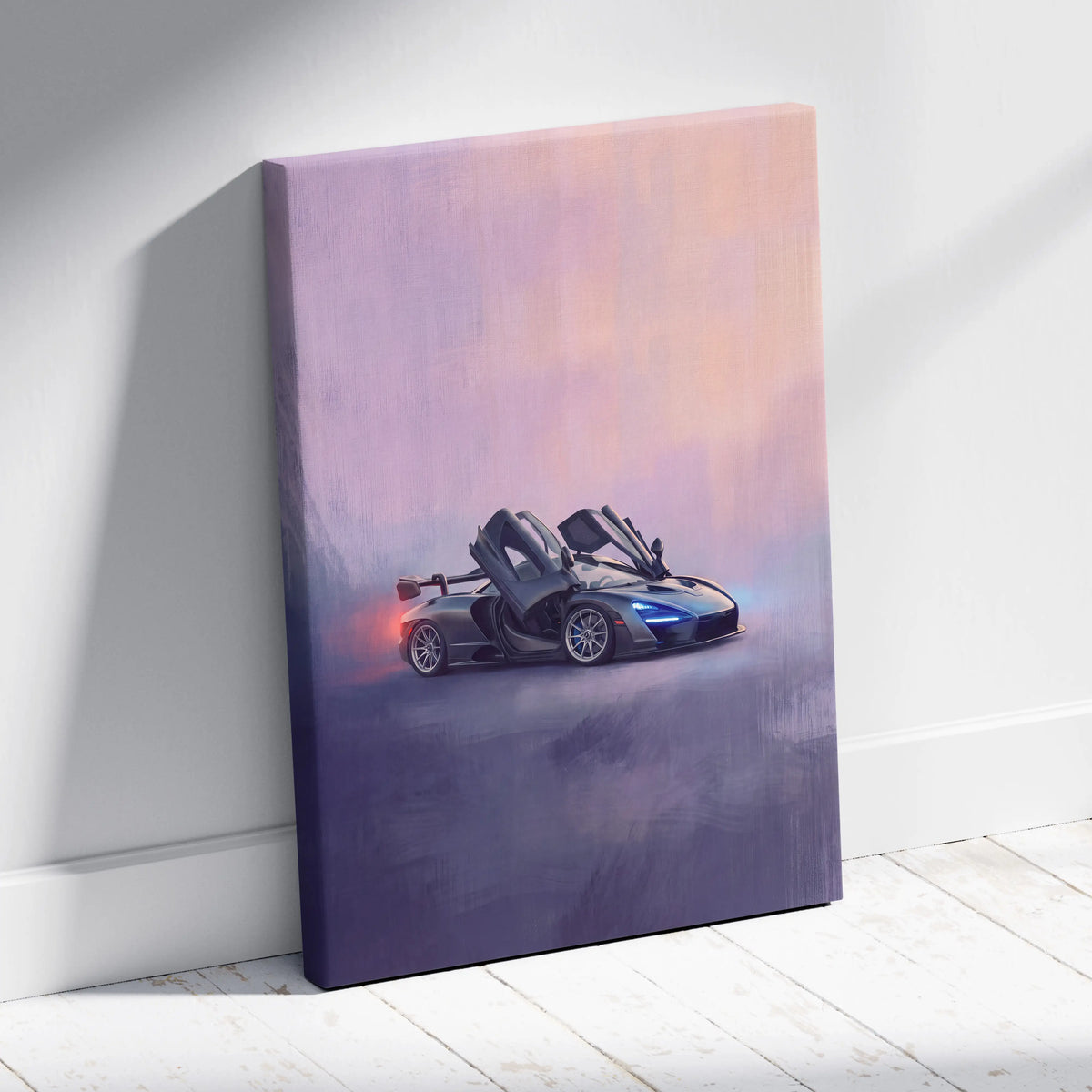 A sleek black McLaren 720S sports car with open doors on a premium canvas art with purple pink gradient background