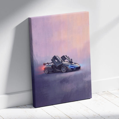 A sleek black McLaren 720S sports car with open doors on a premium canvas art with purple pink gradient background