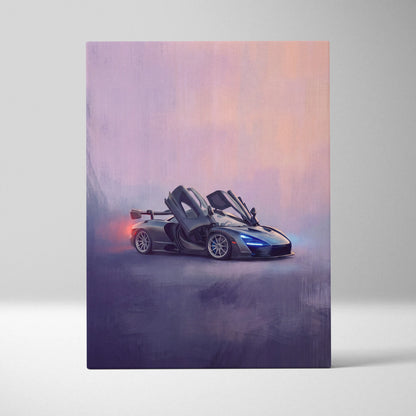 McLaren 720S inspired canvas art featuring a sleek dark gray McLaren Senna with gull-wing doors and glowing blue headlights