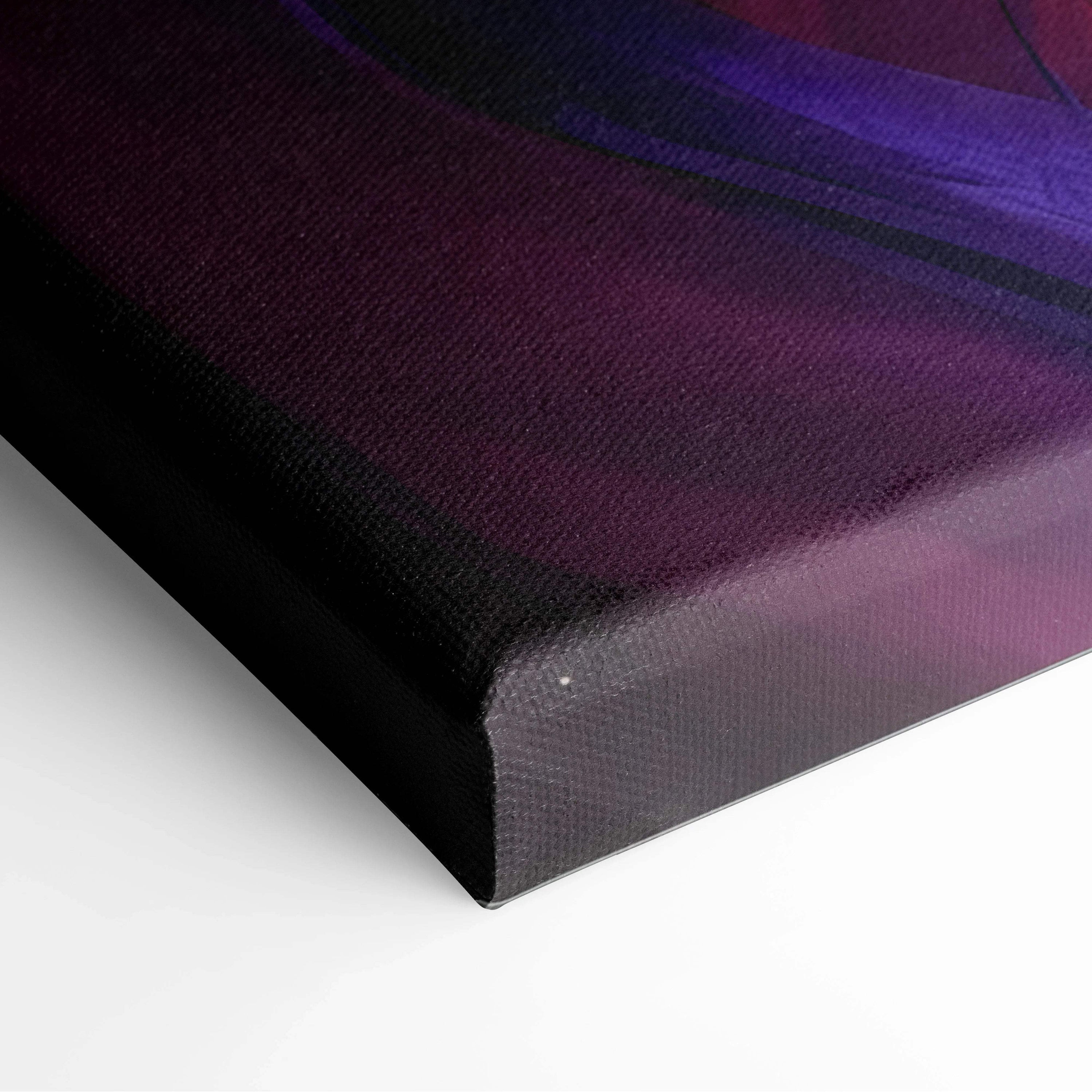 Cyberpunk girl portrait with neon mask and glowing fangs on textured purple black canvas print