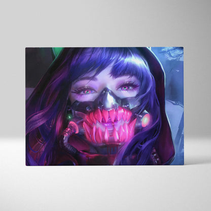 Cyberpunk girl portrait canvas print with neon mask glowing fangs purple hair