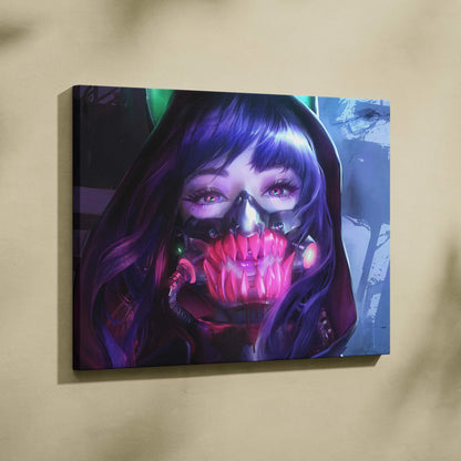 Cyberpunk anime girl with purple hair, neon skull mask, glowing fangs on canvas