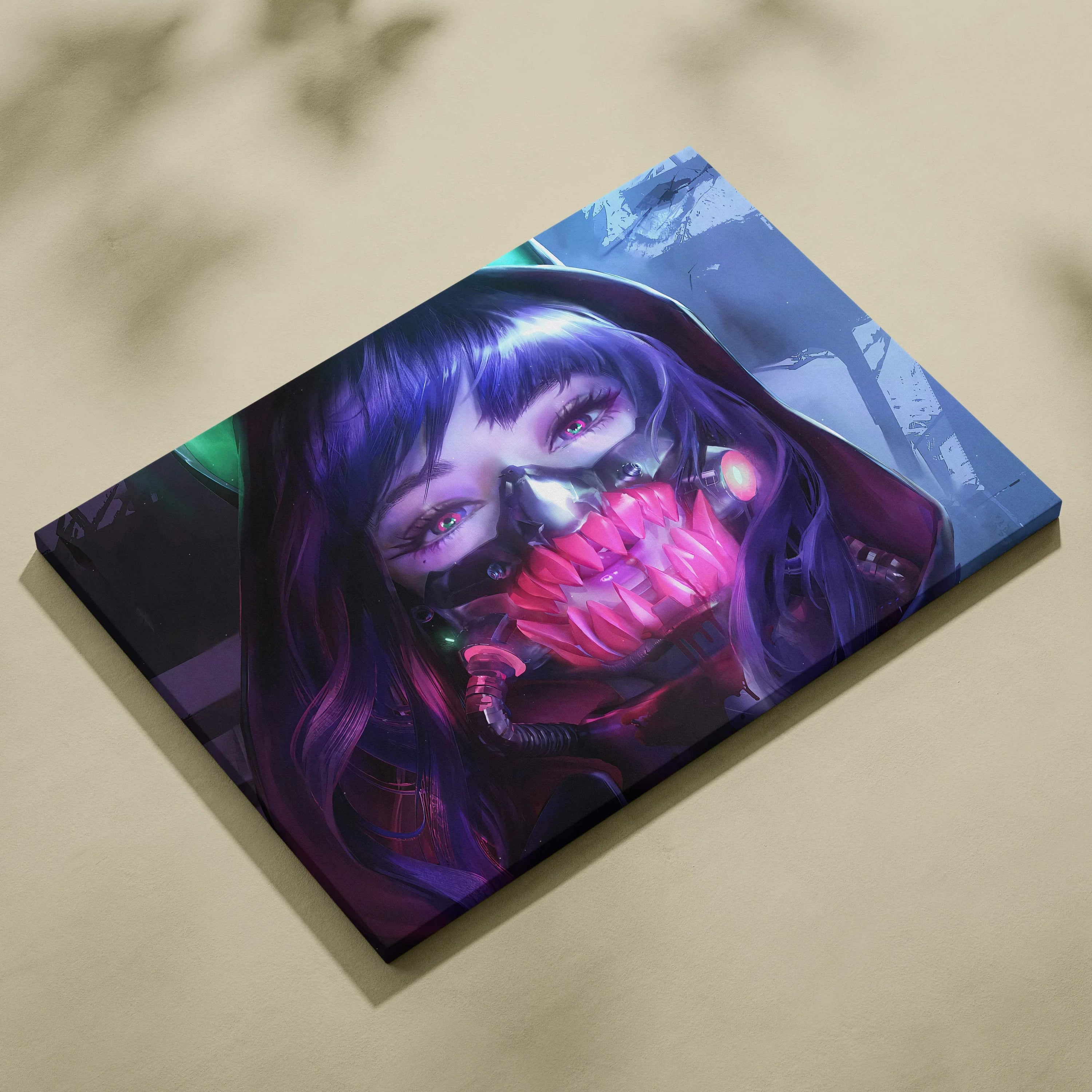 Cyberpunk anime girl with purple hair, neon mask, glowing fangs on canvas