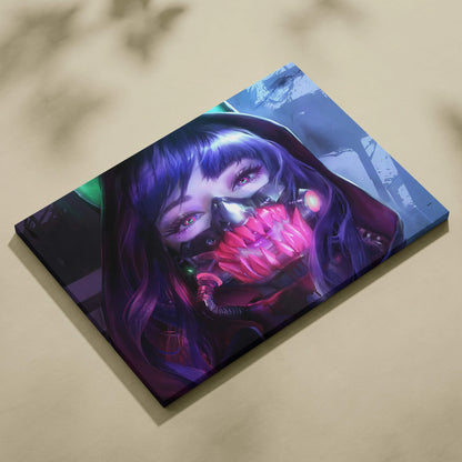 Cyberpunk anime girl with purple hair, neon mask, glowing fangs on canvas