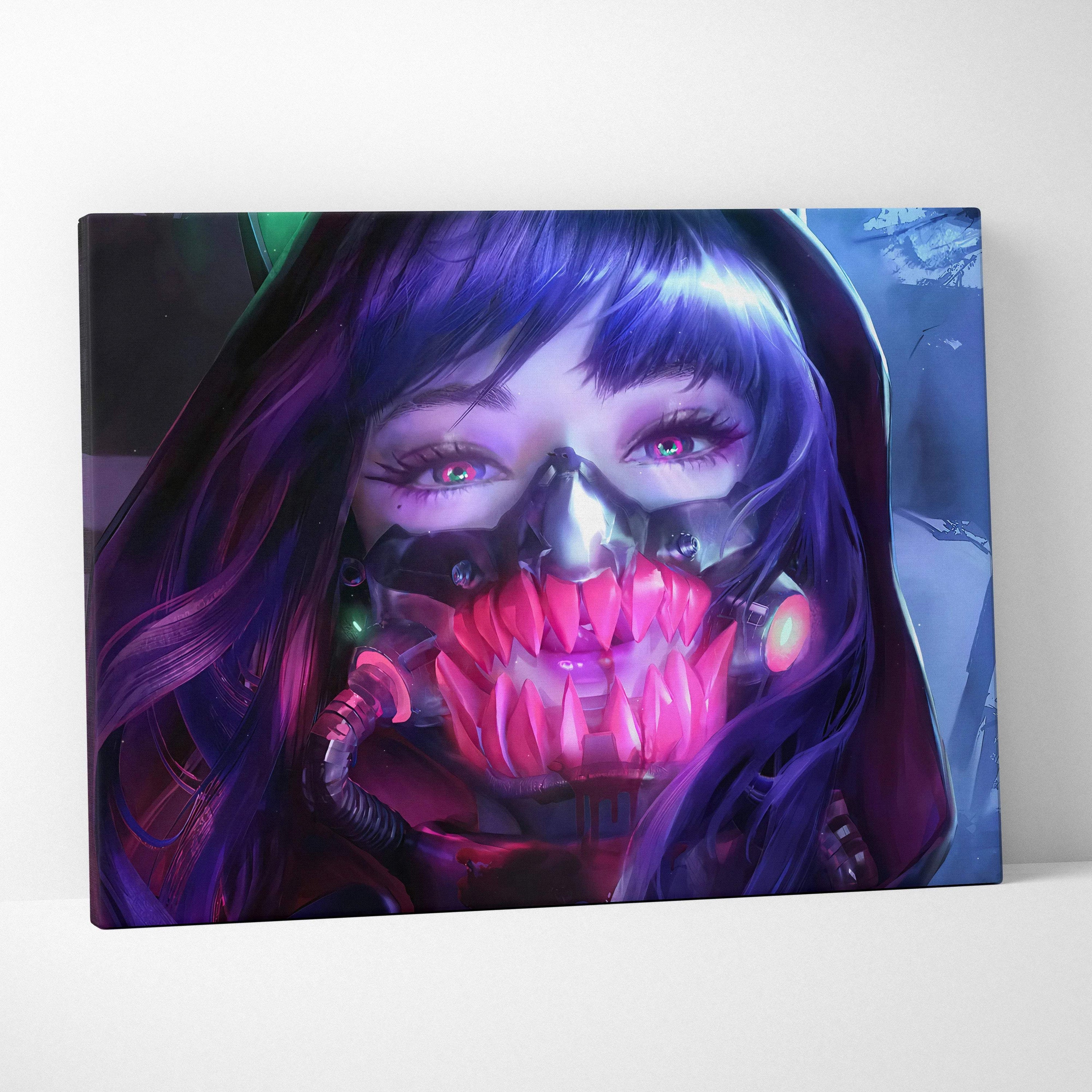 Cyberpunk anime girl with purple hair, red eyes, neon mask, pink fangs canvas art