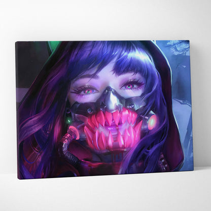 Cyberpunk anime girl with purple hair, red eyes, neon mask, pink fangs canvas art