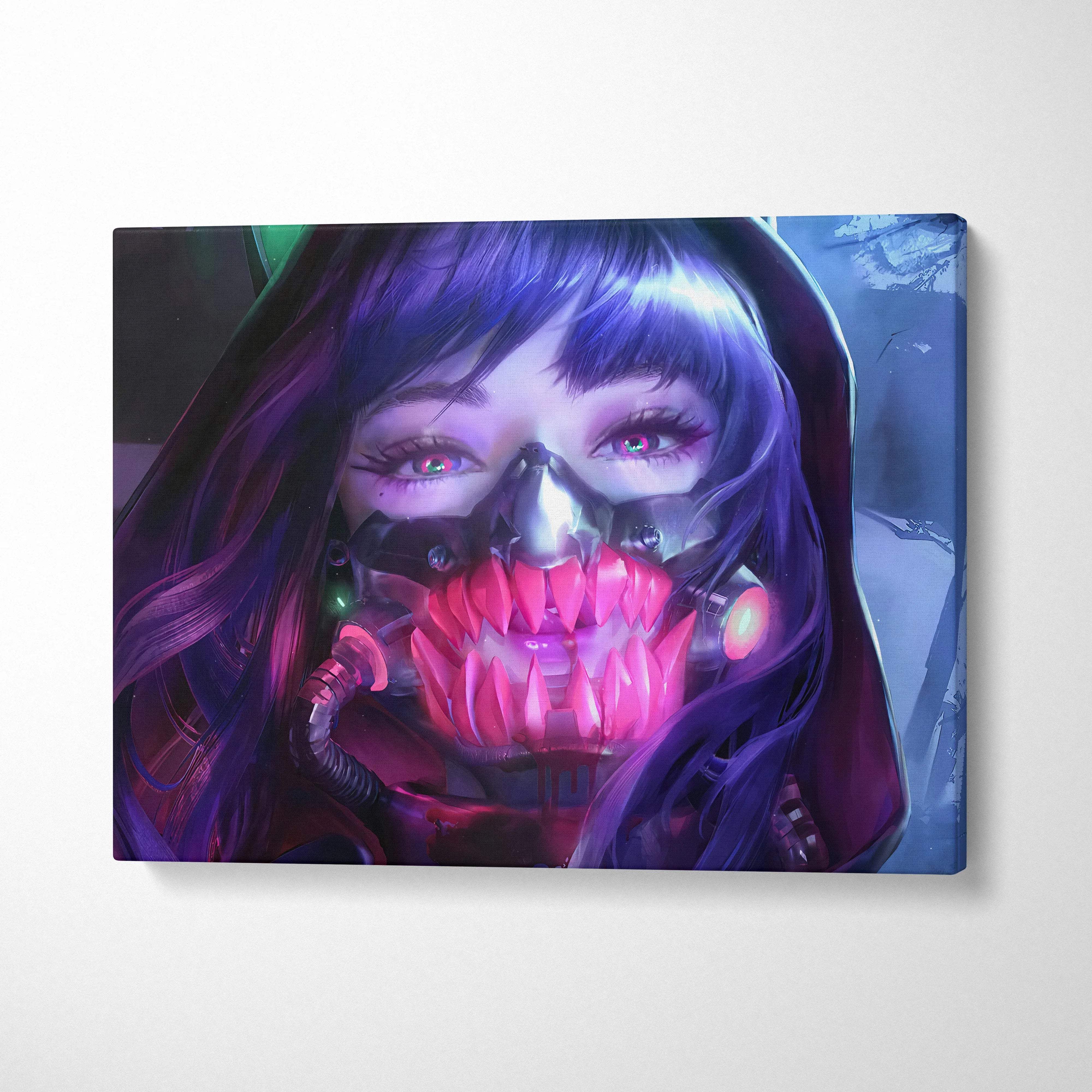 Cyberpunk anime girl with purple hair, neon mask, glowing fangs canvas art
