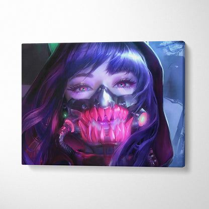 Cyberpunk anime girl with purple hair, neon mask, glowing fangs canvas art