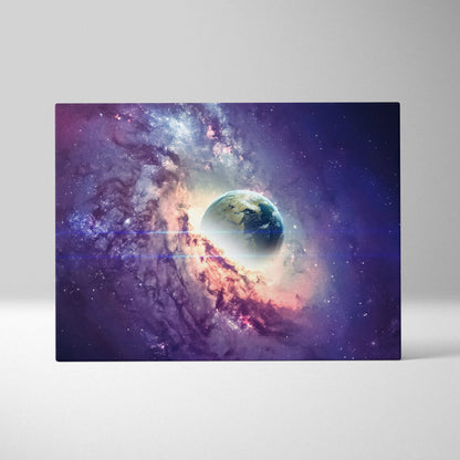 Earth emerging from nebula in deep space purple blue gold canvas art