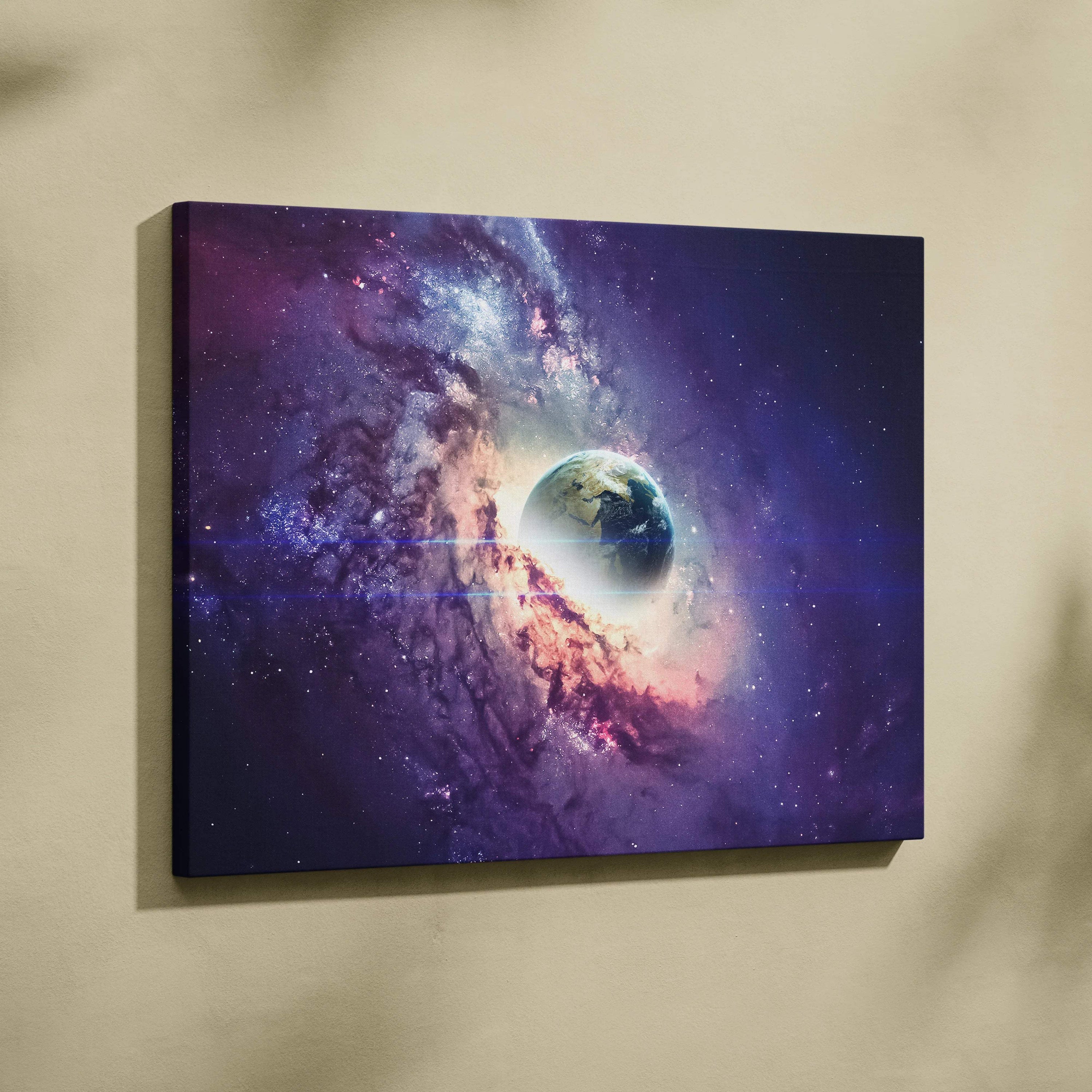 Earth emerging from nebula in deep space purple blue gold canvas art