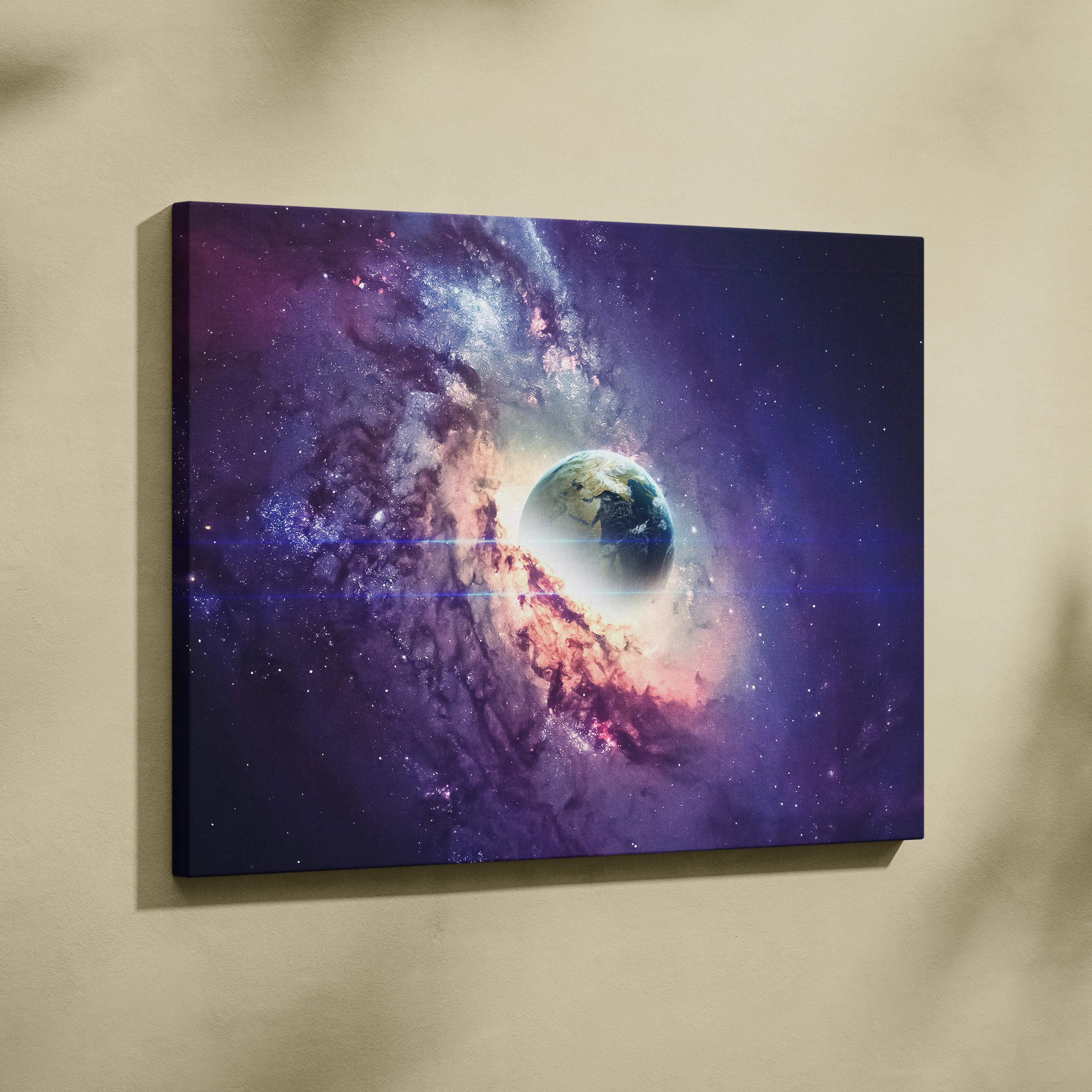 Earth emerging from nebula in deep space purple blue gold canvas art