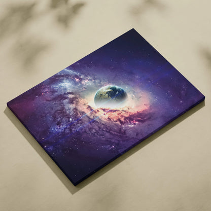 Earth emerging from purple pink nebula deep space canvas wall art