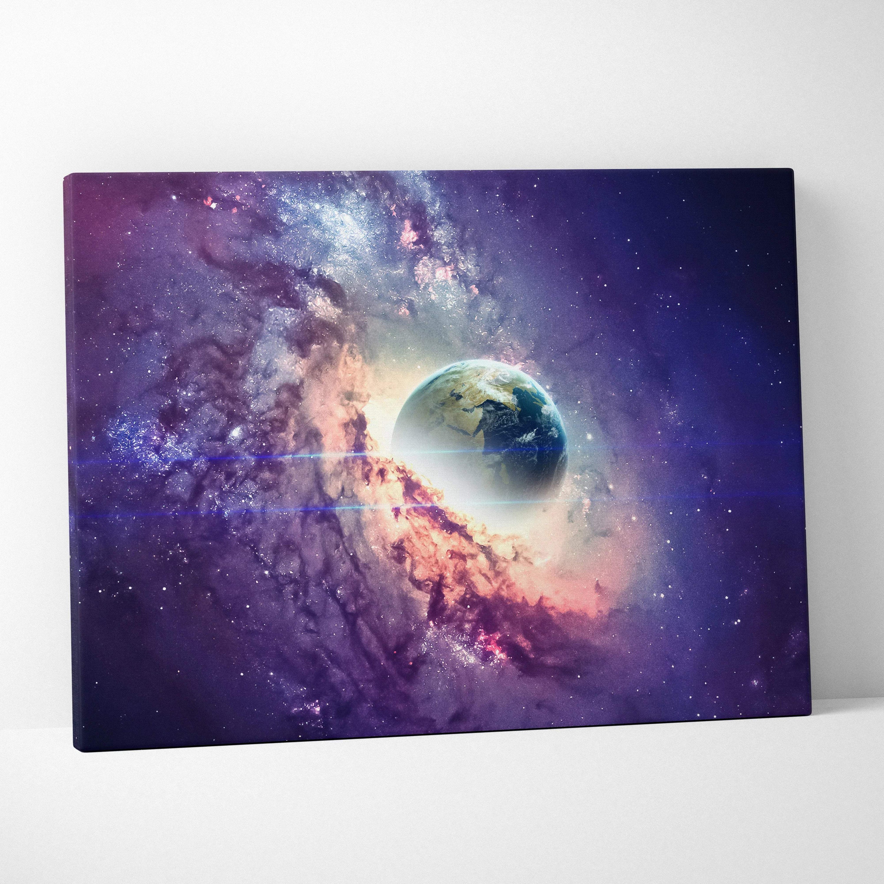 Earth emerging from nebula in deep space purple blue gold canvas art