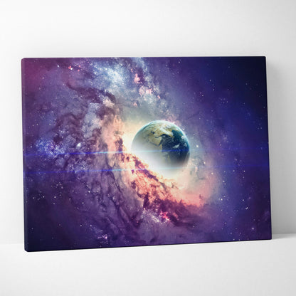 Earth emerging from nebula in deep space purple blue gold canvas art