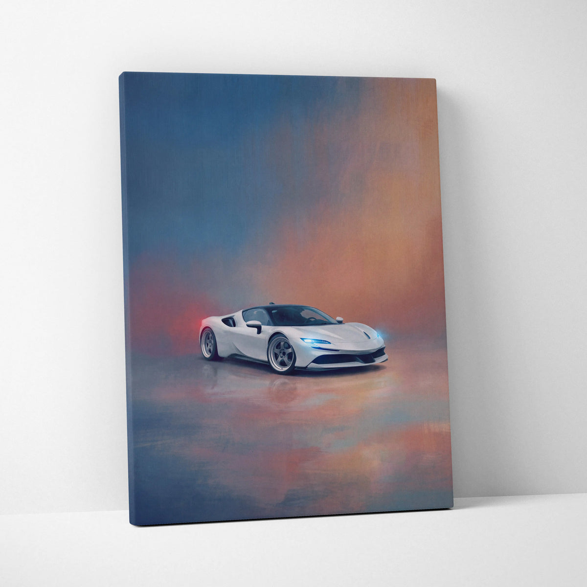 White Ferrari SF90 Stradale inspired sports car stylized painting on canvas wall art track edition print