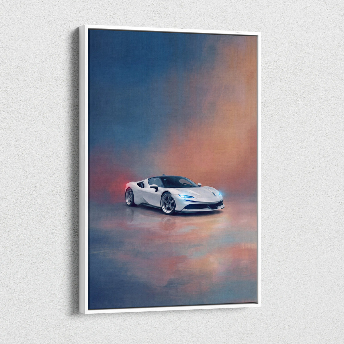 White ferrari sf90 stradale inspired sports car wall art with glowing blue headlights on gradient sky canvas print