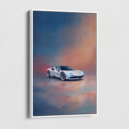 White ferrari sf90 stradale inspired sports car wall art with glowing blue headlights on gradient sky canvas print