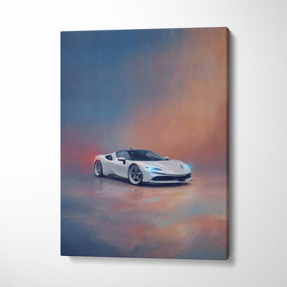 Ferrari sf90 stradale inspired white sports car wall art canvas painting print with sleek design and glowing headlights