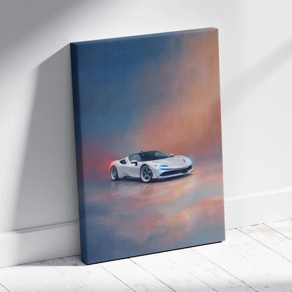 White ferrari sf90 stradale inspired sports car canvas print with sleek design and vibrant gradient sky backdrop