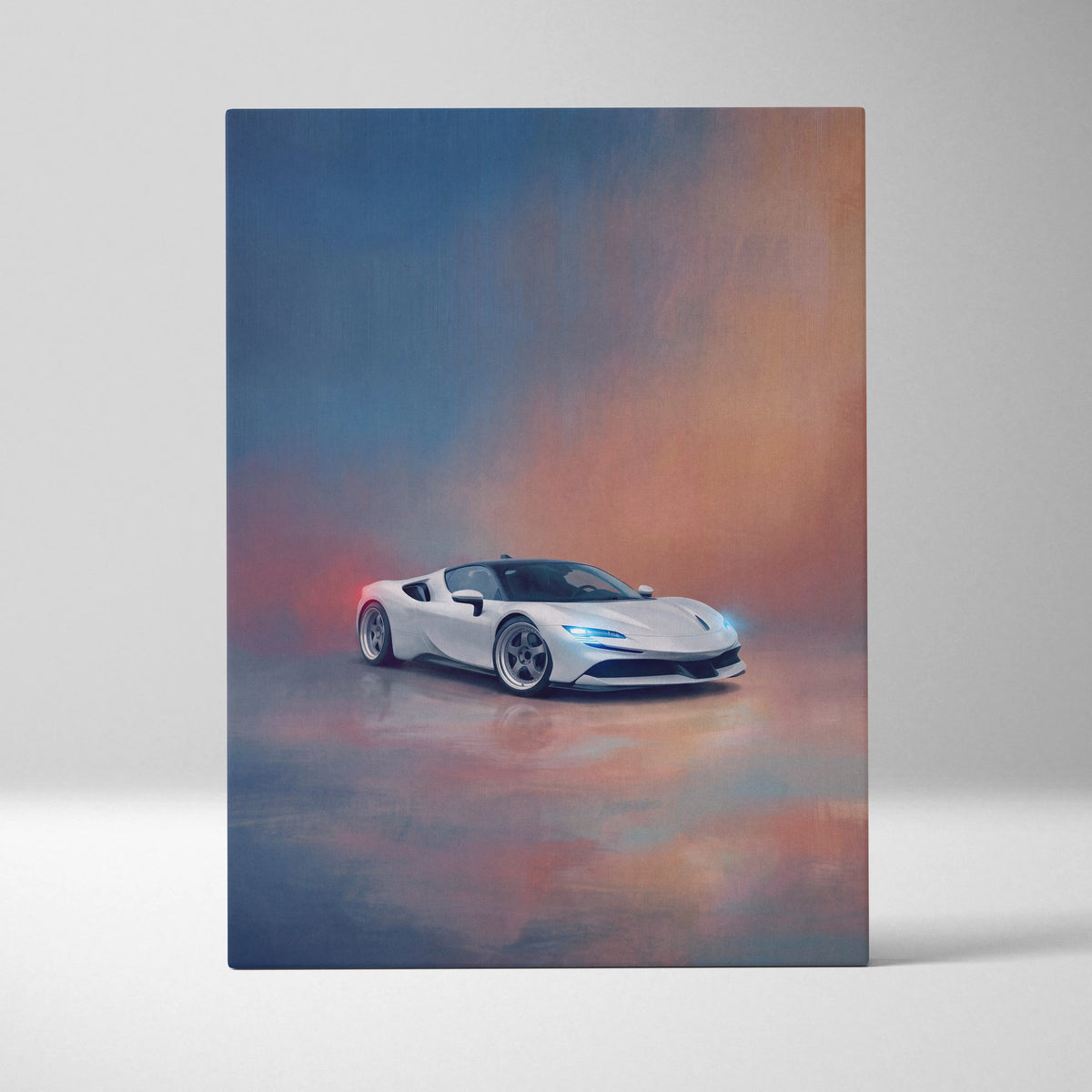 Ferrari sf90 stradale inspired car wall art featuring white sports car with glowing blue headlights on canvas print